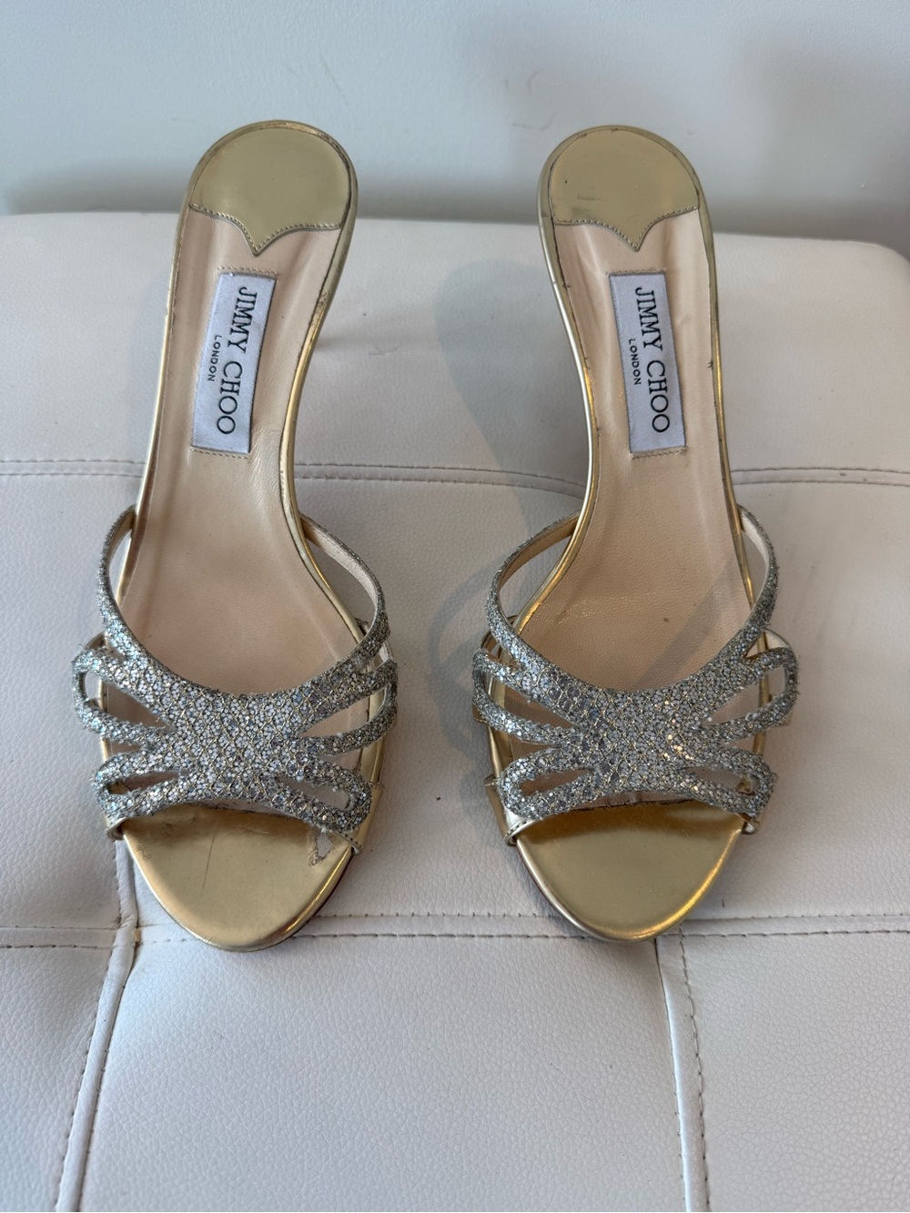 Jimmy Choo Gold Glitter Slide Mules